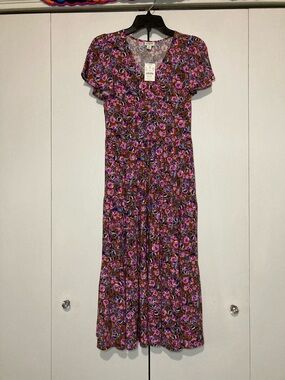 J. Crew NWT Flutter Sleeve Tiered Floral VNeck Midi Dress Brown Pink Blue Violet